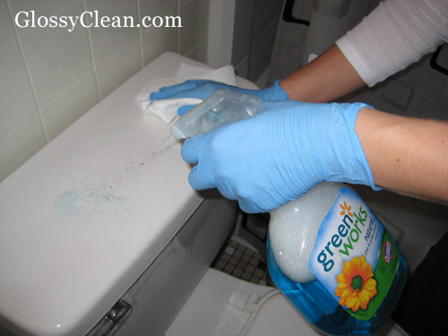 First step of the toilet cleaning is to spray all areas with liquid toilet cleaner.